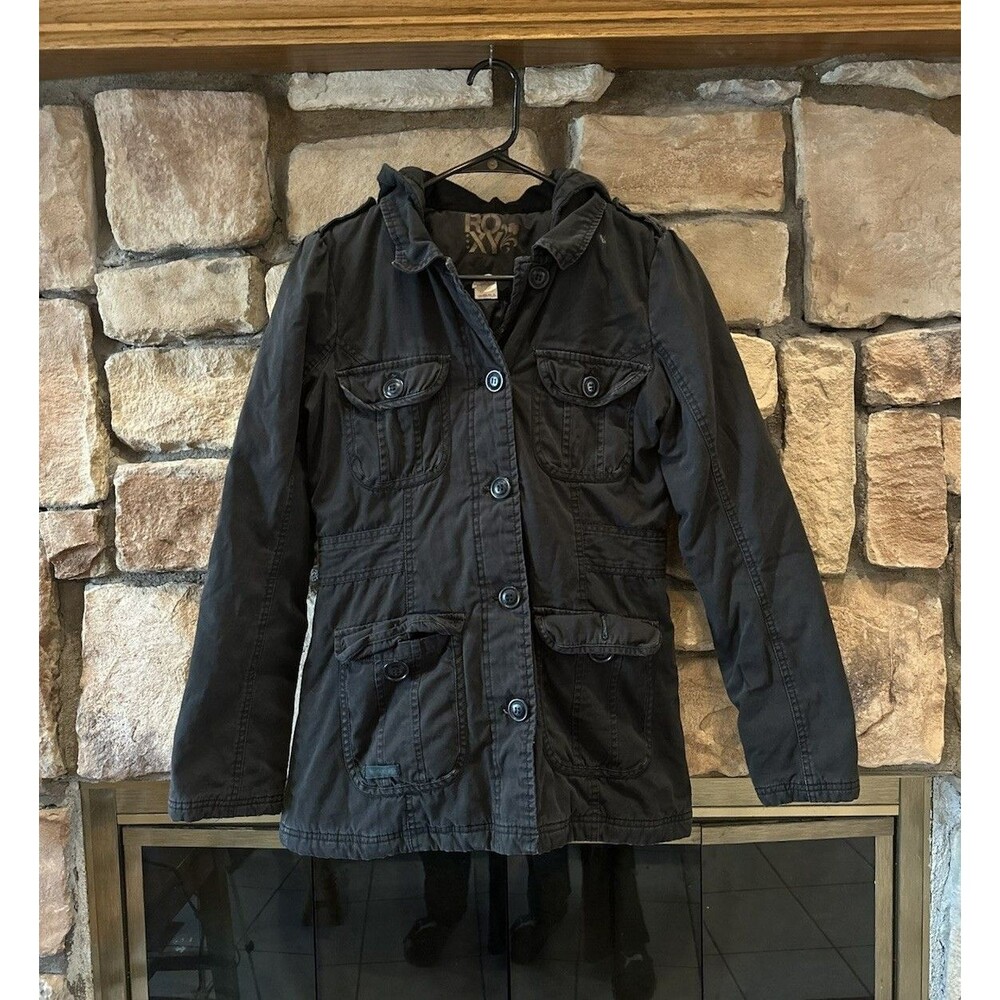 VTG Y2K Roxy Jacket Button Coat Utility M Women black Grunge Indie Lined Hooded